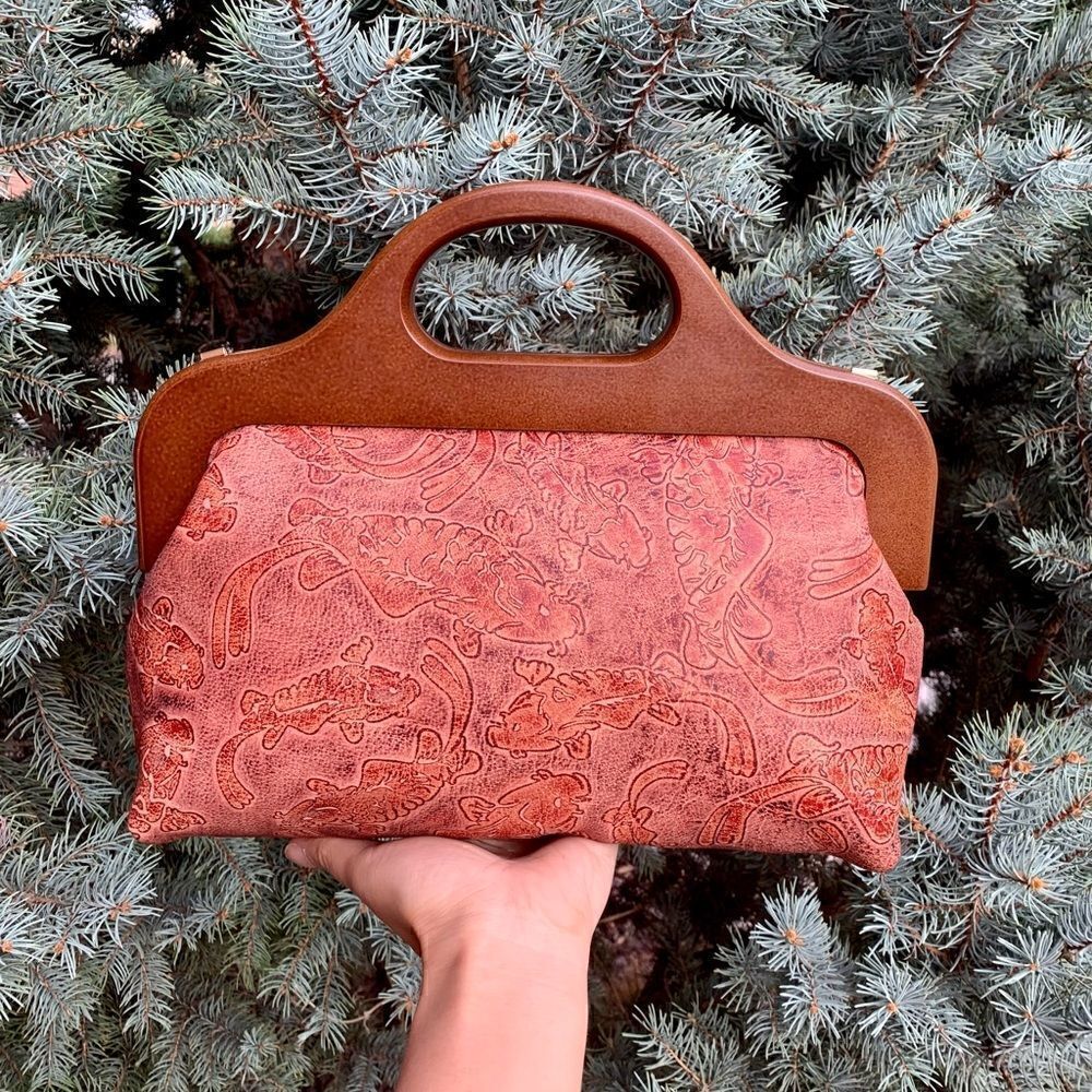Handmade Distressed Genuine Embossed Leather Wooden Frame Bag &  2 Chain styles
